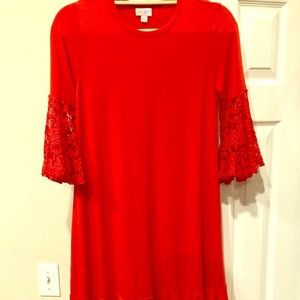 Red LulaRoe Maurine with lace sleeves